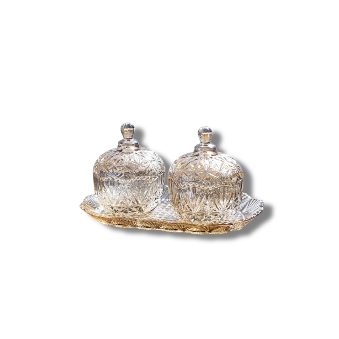 Crystal Sugar Glass Bowl with Lids set of 2 with Crystal Tray - Gold Finish