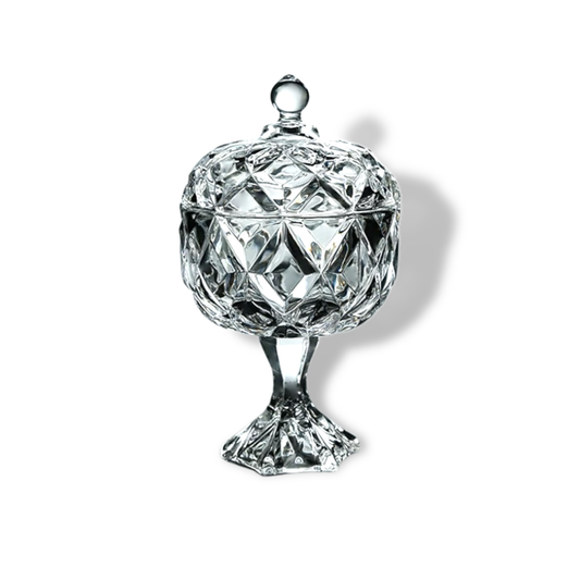 Large Crystal Glass Bowl with Long Stand Leg Base and Lid - Diamond Cut Design Clear Finish