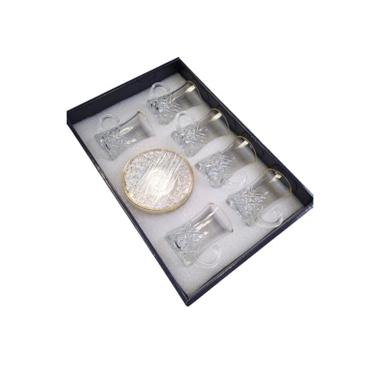 Crystal Glass Gold Rim Arabian Lined Design Set of 12 Pieces Tea Cups with Saucer