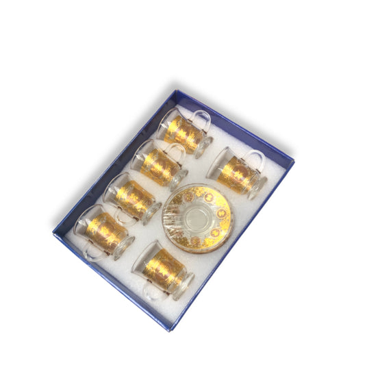 Crystal Glass Gold and Red Rim Arabian Lined Design Set of 12 Pieces Tea Cups with Saucer
