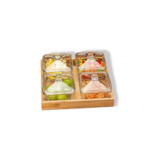 Glass Four Grid Fruit Plate and Mixed Nuts Household Coffee Table Set with Wooden Tray