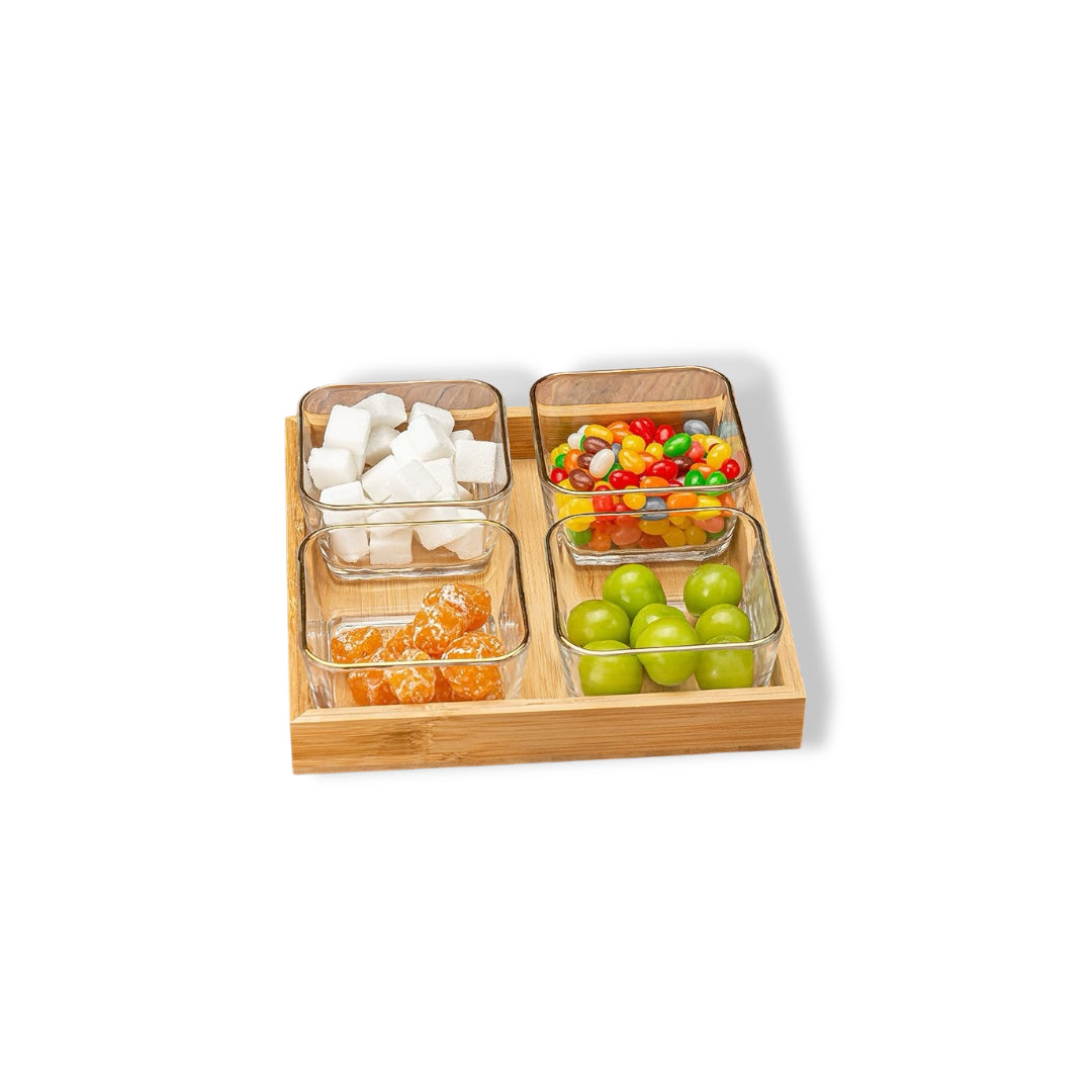 Glass Four Grid Fruit Plate and Mixed Nuts Household Coffee Table Set with Wooden Tray